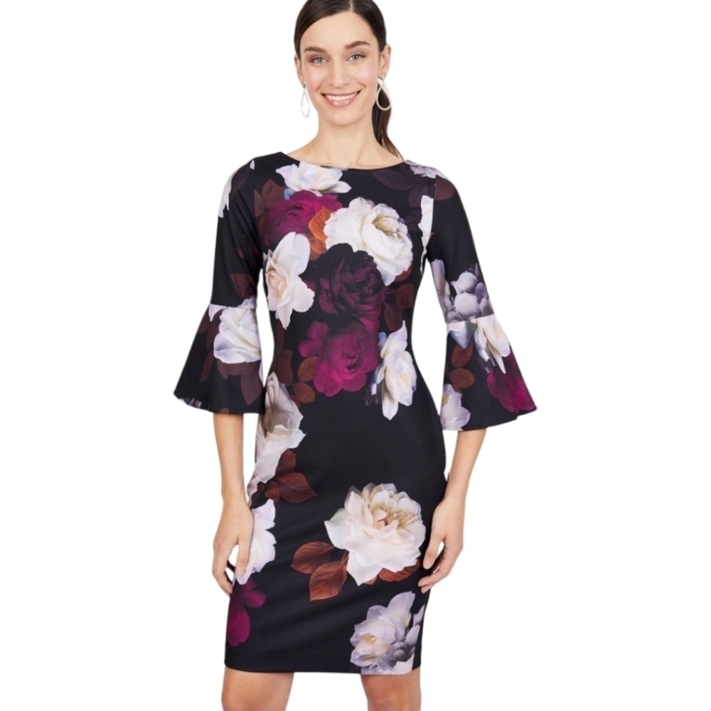 Calvin Klein Dark Floral Sheath Dress Size 2 NWT Bell Sleeve Fall Wedding Guest